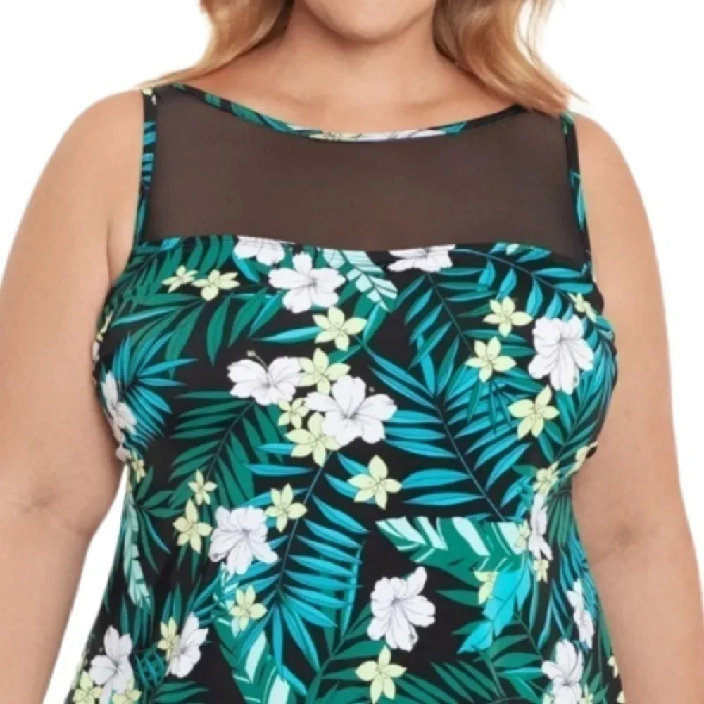 SWIM SOLUTIONS Women's Black Tropical Print High Neck Scalloped Swimdress - Picture 5 of 13
